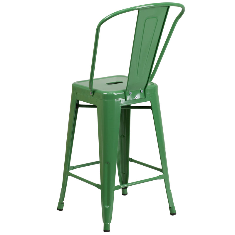 Commercial Grade 24" High Green Metal Indoor-Outdoor Counter Height Stool with Removable Back