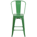 Commercial Grade 24" High Green Metal Indoor-Outdoor Counter Height Stool with Removable Back