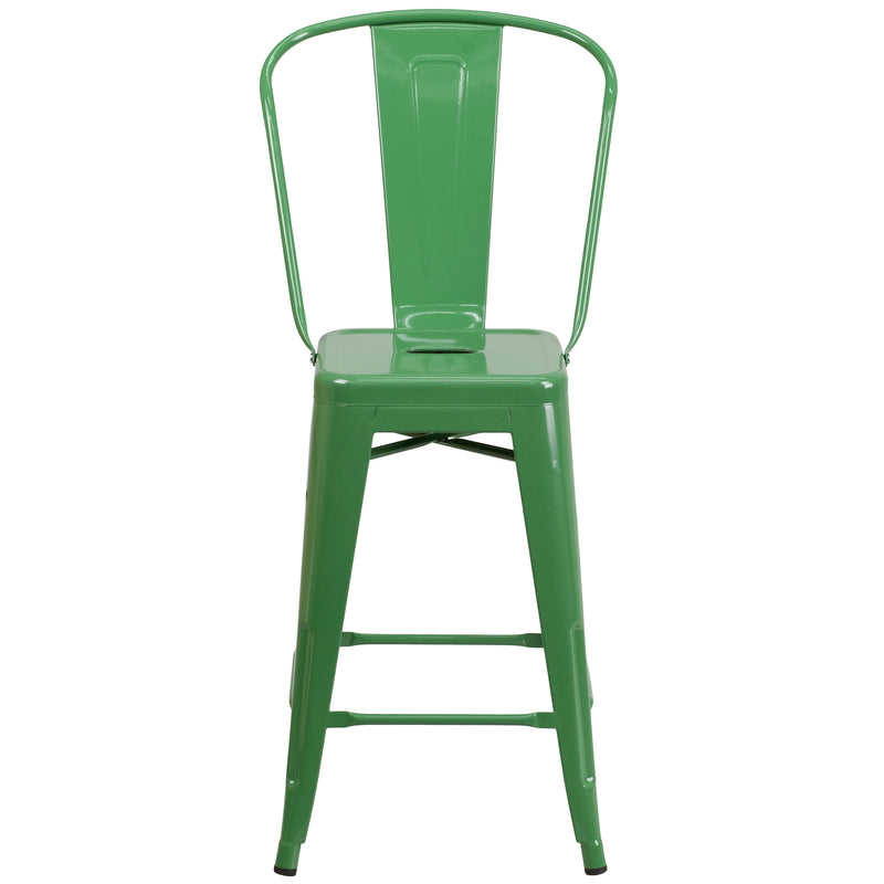 Commercial Grade 24" High Green Metal Indoor-Outdoor Counter Height Stool with Removable Back