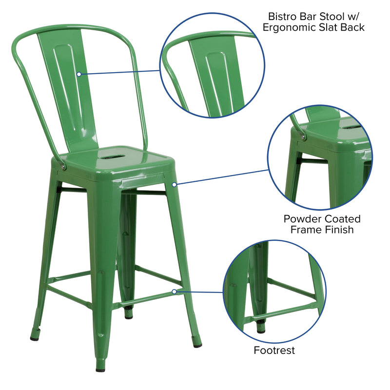 Commercial Grade 24" High Green Metal Indoor-Outdoor Counter Height Stool with Removable Back