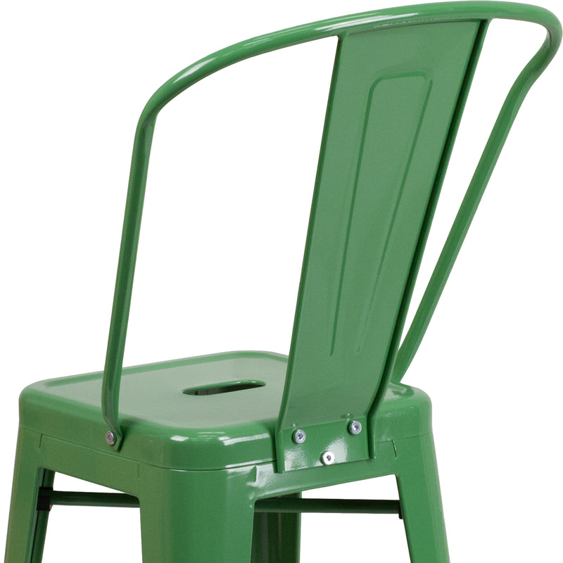 Commercial Grade 24" High Green Metal Indoor-Outdoor Counter Height Stool with Removable Back