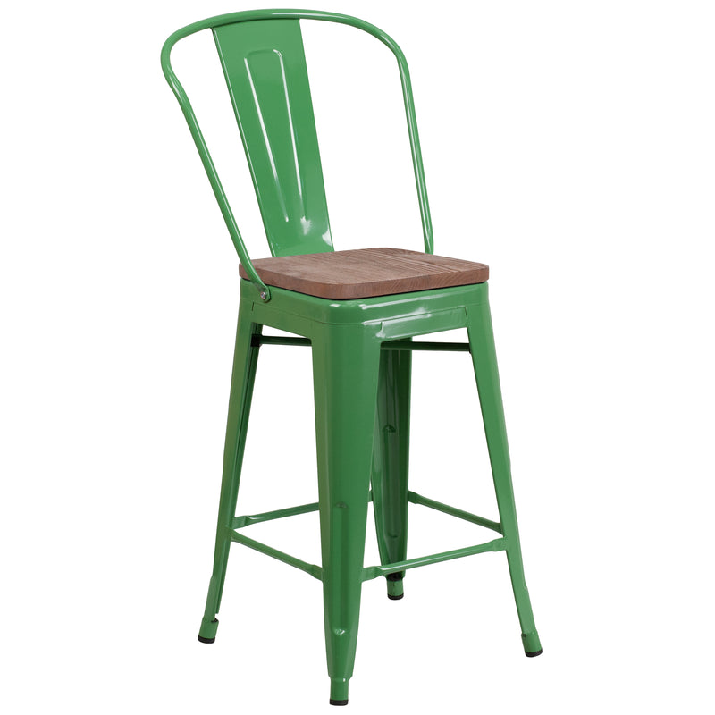 24" High Green Metal Counter Height Stool with Back and Wood Seat