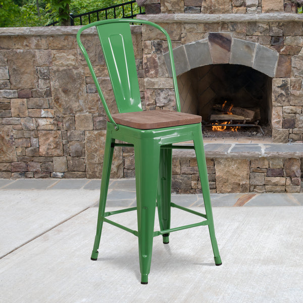 24" High Green Metal Counter Height Stool with Back and Wood Seat