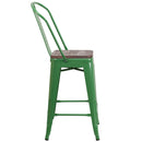 24" High Green Metal Counter Height Stool with Back and Wood Seat