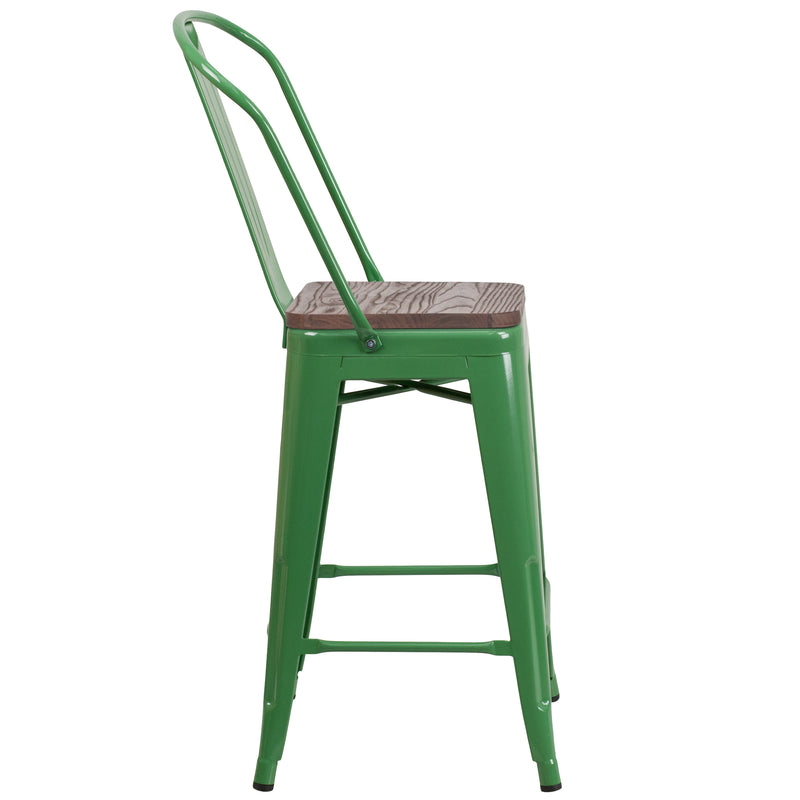 24" High Green Metal Counter Height Stool with Back and Wood Seat