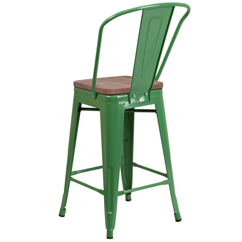 24" High Green Metal Counter Height Stool with Back and Wood Seat