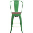 24" High Green Metal Counter Height Stool with Back and Wood Seat