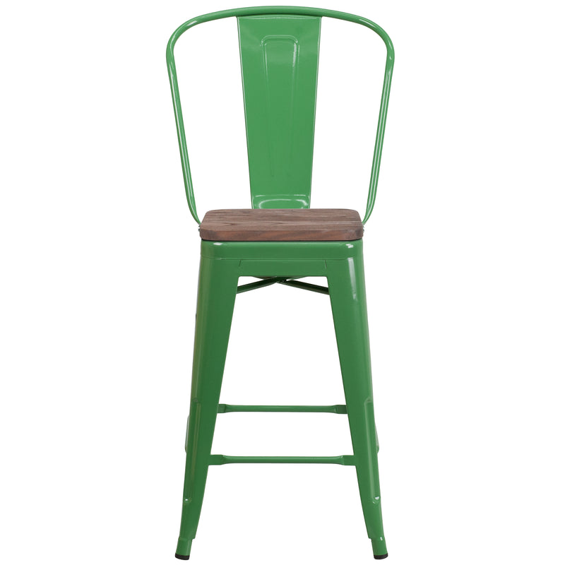 24" High Green Metal Counter Height Stool with Back and Wood Seat