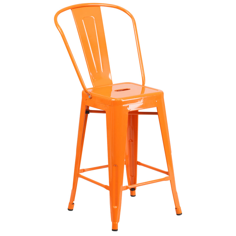 Commercial Grade 24" High Orange Metal Indoor-Outdoor Counter Height Stool with Removable Back