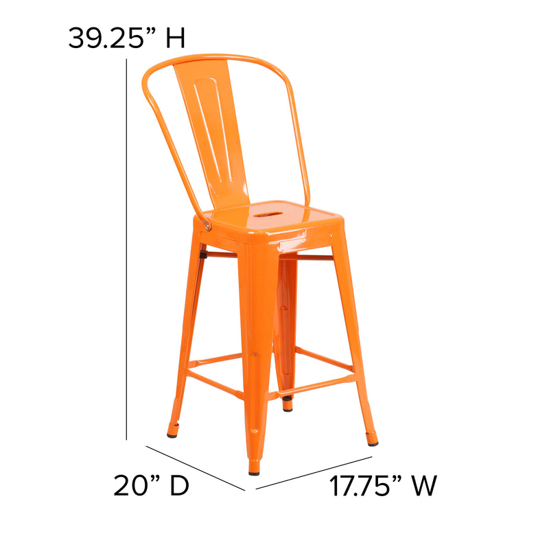 Commercial Grade 24" High Orange Metal Indoor-Outdoor Counter Height Stool with Removable Back