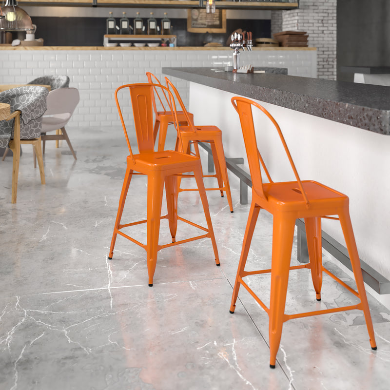 Commercial Grade 24" High Orange Metal Indoor-Outdoor Counter Height Stool with Removable Back