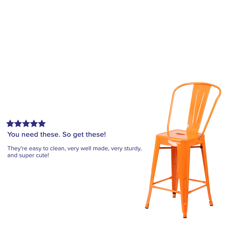 Commercial Grade 24" High Orange Metal Indoor-Outdoor Counter Height Stool with Removable Back