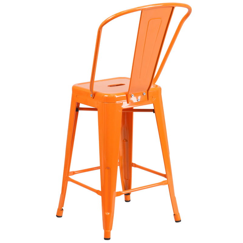 Commercial Grade 24" High Orange Metal Indoor-Outdoor Counter Height Stool with Removable Back