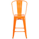 Commercial Grade 24" High Orange Metal Indoor-Outdoor Counter Height Stool with Removable Back
