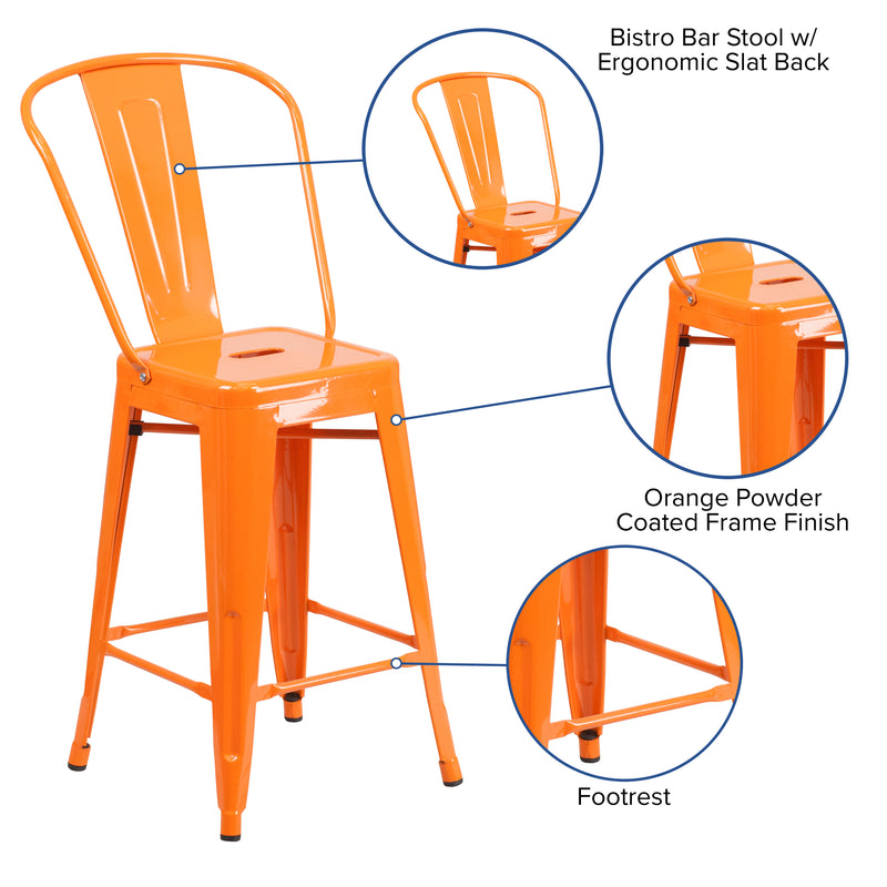 Commercial Grade 24" High Orange Metal Indoor-Outdoor Counter Height Stool with Removable Back