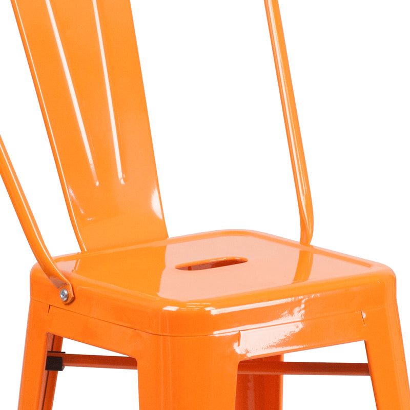 Commercial Grade 24" High Orange Metal Indoor-Outdoor Counter Height Stool with Removable Back