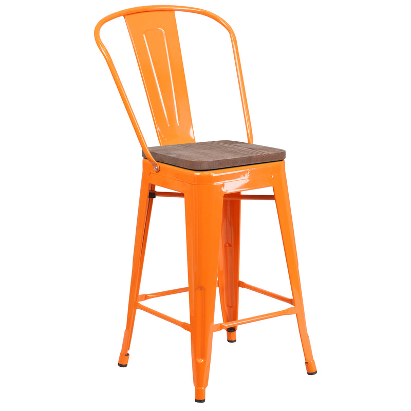 24" High Orange Metal Counter Height Stool with Back and Wood Seat