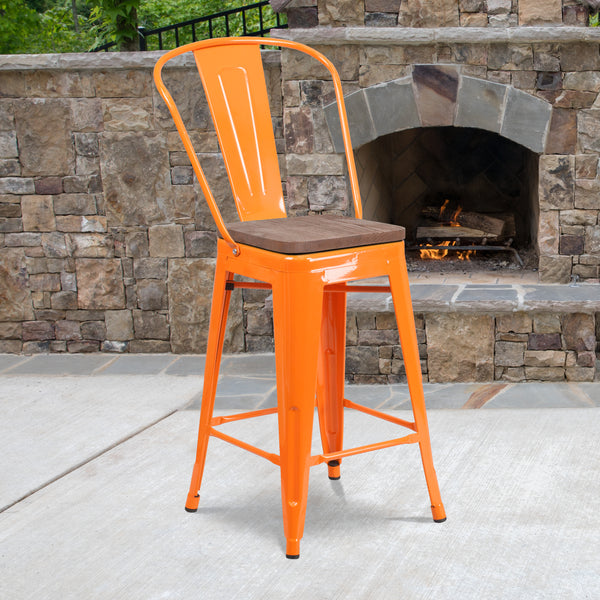 24" High Orange Metal Counter Height Stool with Back and Wood Seat