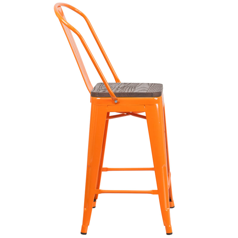 24" High Orange Metal Counter Height Stool with Back and Wood Seat