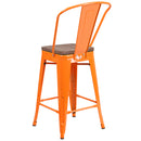 24" High Orange Metal Counter Height Stool with Back and Wood Seat