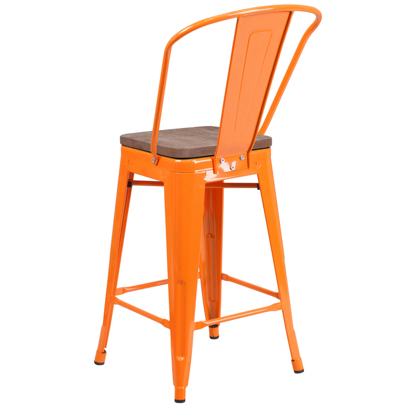 24" High Orange Metal Counter Height Stool with Back and Wood Seat