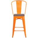 24" High Orange Metal Counter Height Stool with Back and Wood Seat