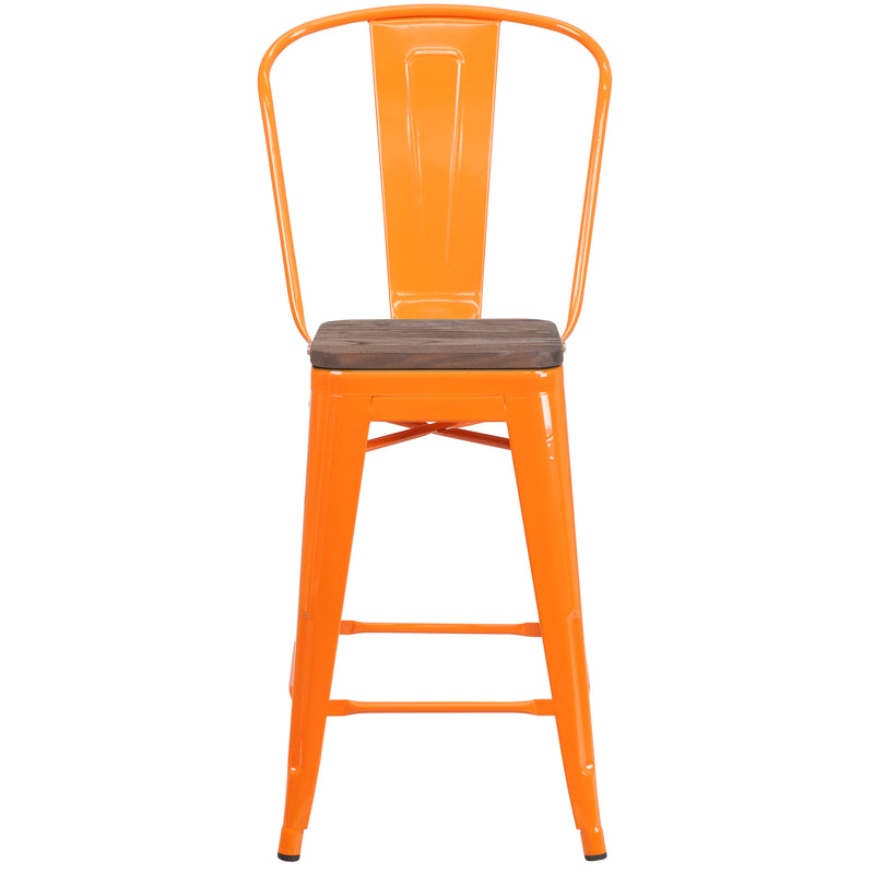 24" High Orange Metal Counter Height Stool with Back and Wood Seat