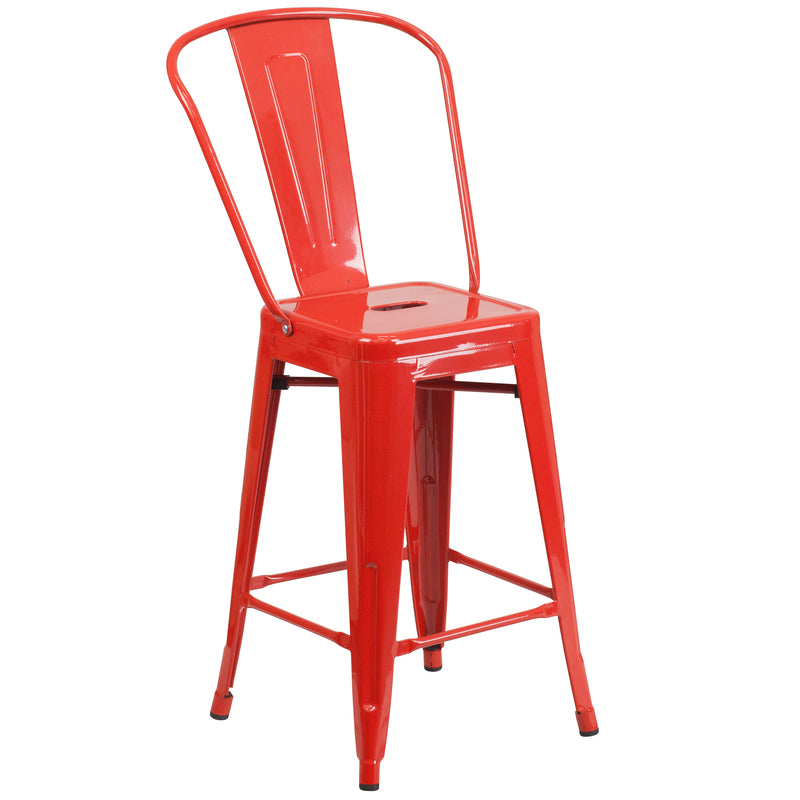 Commercial Grade 24" High Red Metal Indoor-Outdoor Counter Height Stool with Removable Back