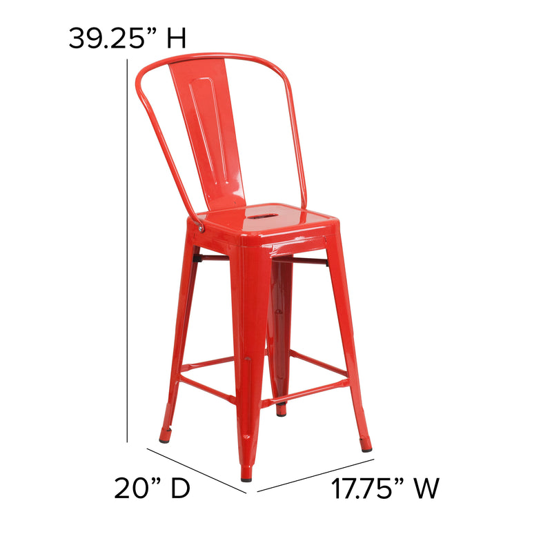 Commercial Grade 24" High Red Metal Indoor-Outdoor Counter Height Stool with Removable Back