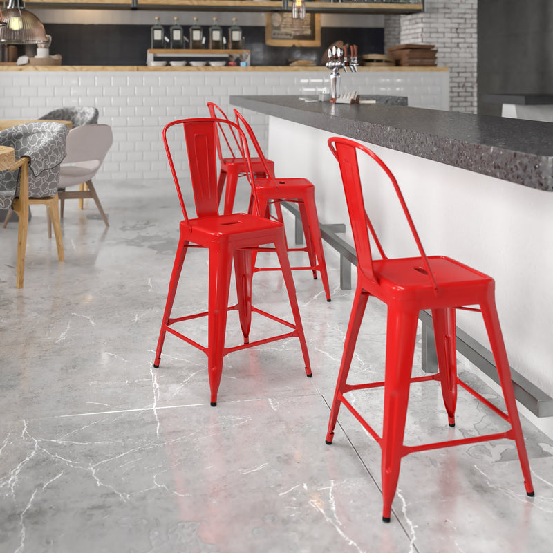 Commercial Grade 24" High Red Metal Indoor-Outdoor Counter Height Stool with Removable Back