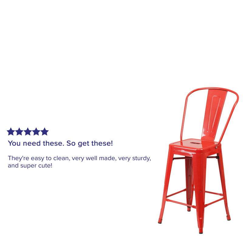 Commercial Grade 24" High Red Metal Indoor-Outdoor Counter Height Stool with Removable Back