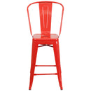 Commercial Grade 24" High Red Metal Indoor-Outdoor Counter Height Stool with Removable Back