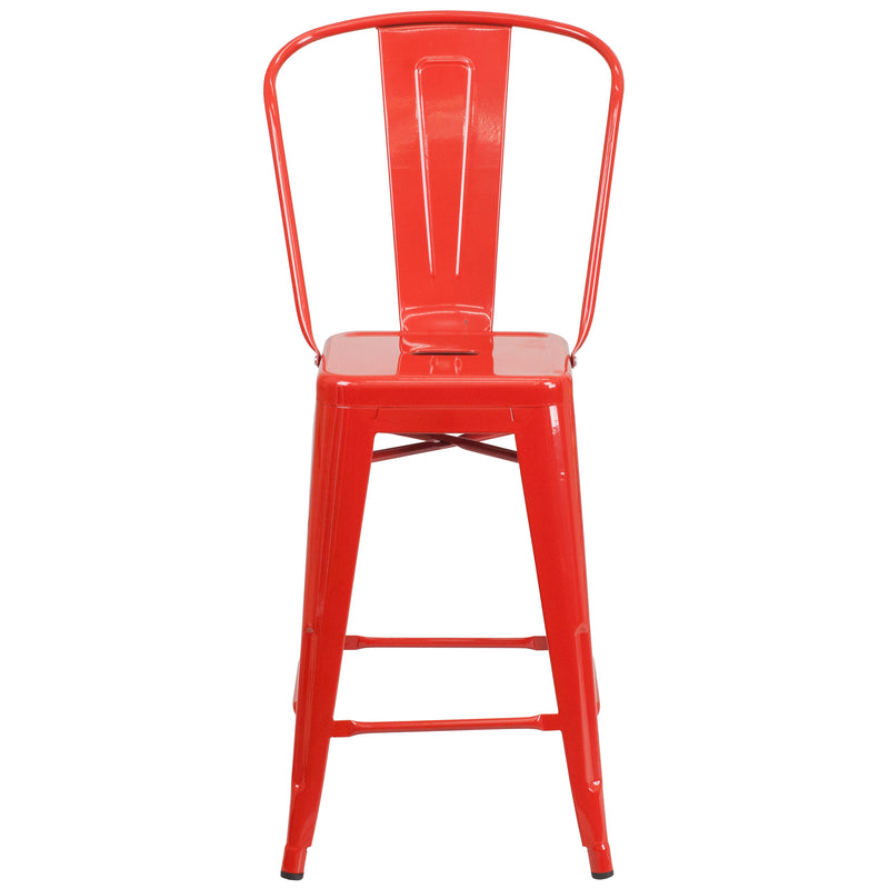 Commercial Grade 24" High Red Metal Indoor-Outdoor Counter Height Stool with Removable Back