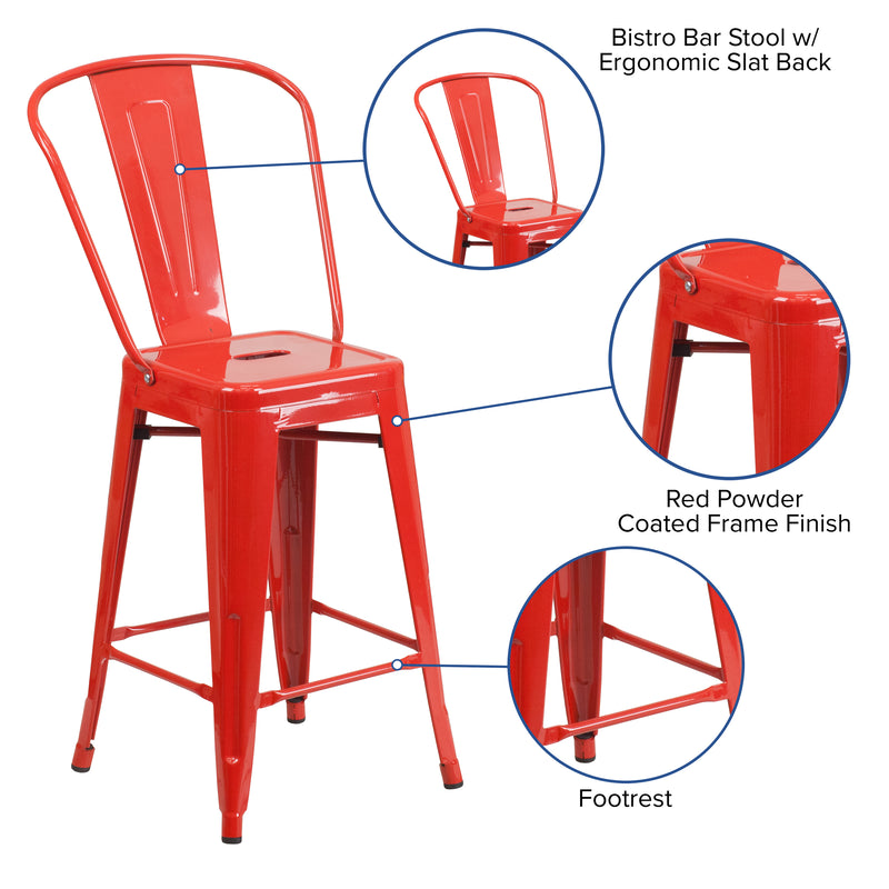 Commercial Grade 24" High Red Metal Indoor-Outdoor Counter Height Stool with Removable Back