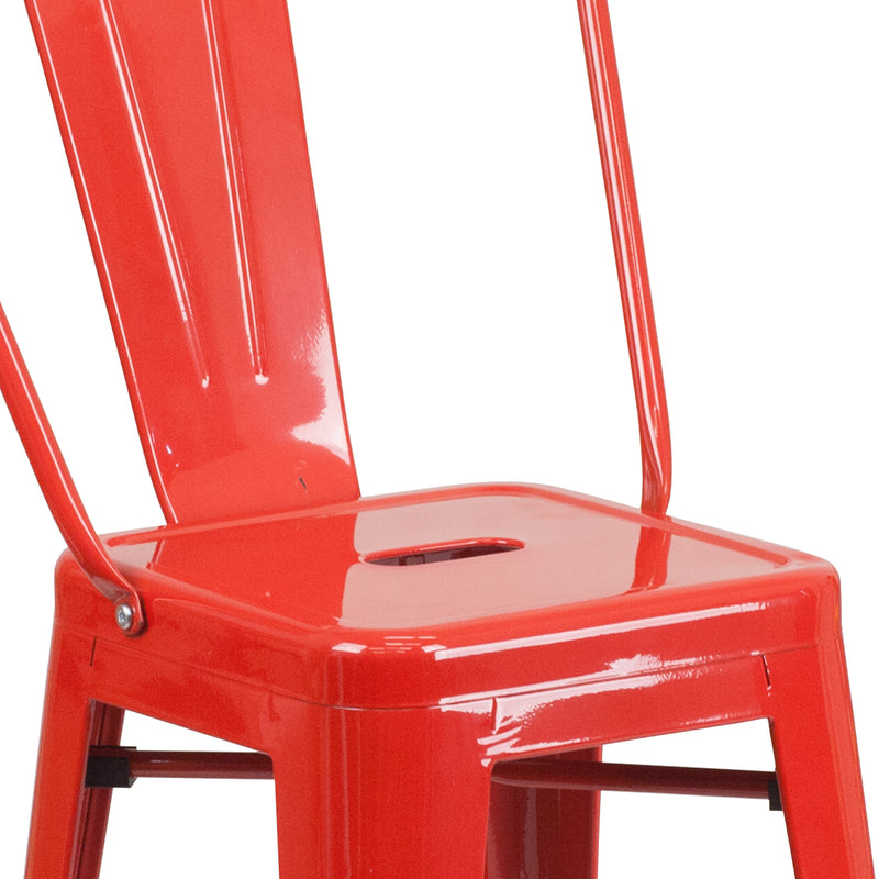 Commercial Grade 24" High Red Metal Indoor-Outdoor Counter Height Stool with Removable Back