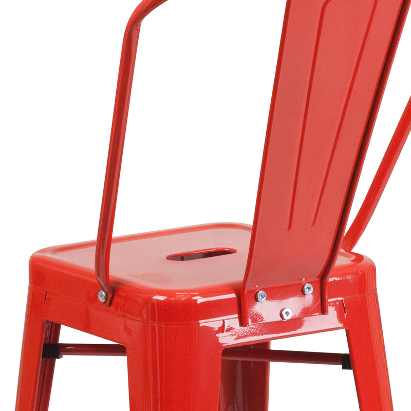 Commercial Grade 24" High Red Metal Indoor-Outdoor Counter Height Stool with Removable Back