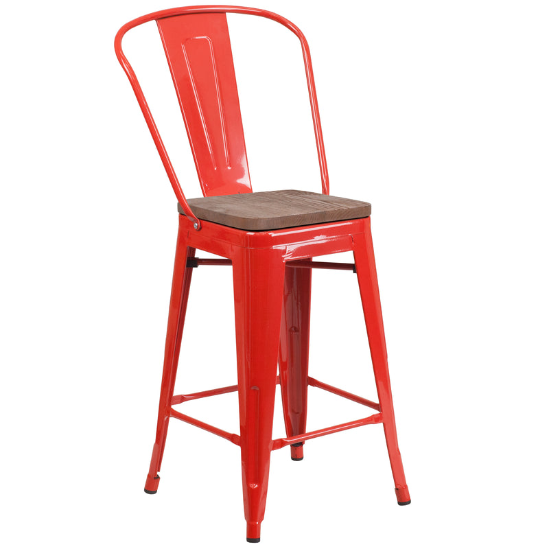 24" High Red Metal Counter Height Stool with Back and Wood Seat