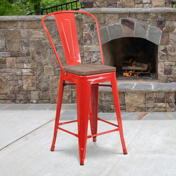 24" High Red Metal Counter Height Stool with Back and Wood Seat