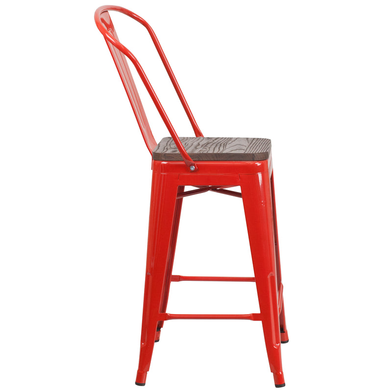 24" High Red Metal Counter Height Stool with Back and Wood Seat