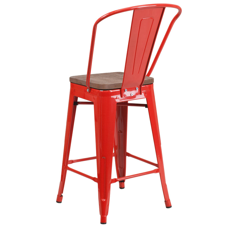 24" High Red Metal Counter Height Stool with Back and Wood Seat