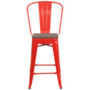 24" High Red Metal Counter Height Stool with Back and Wood Seat