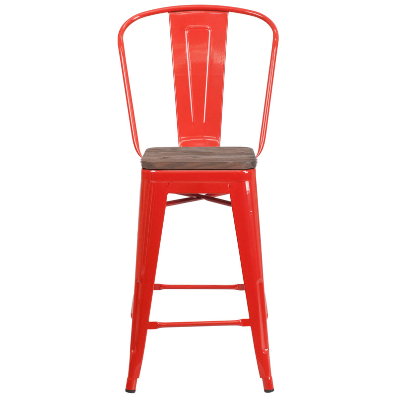 24" High Red Metal Counter Height Stool with Back and Wood Seat