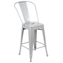 Commercial Grade 24" High Silver Metal Indoor-Outdoor Counter Height Stool with Removable Back
