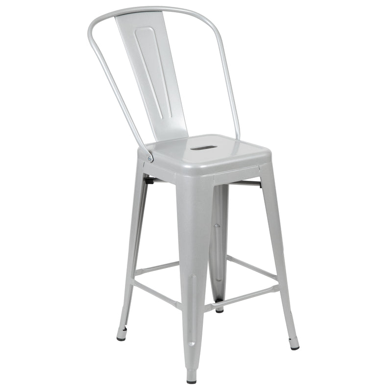 Commercial Grade 24" High Silver Metal Indoor-Outdoor Counter Height Stool with Removable Back