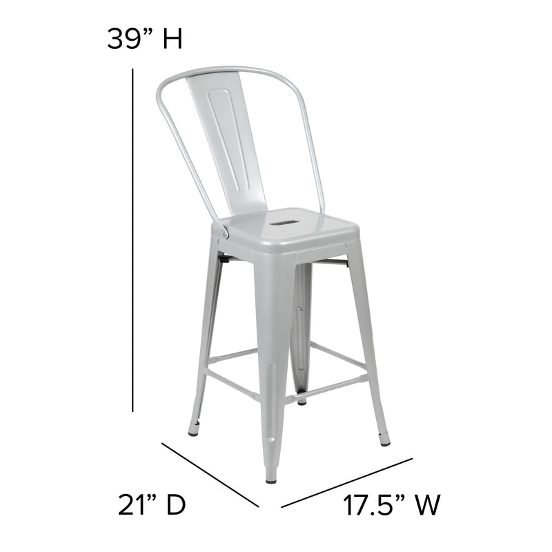 Commercial Grade 24" High Silver Metal Indoor-Outdoor Counter Height Stool with Removable Back