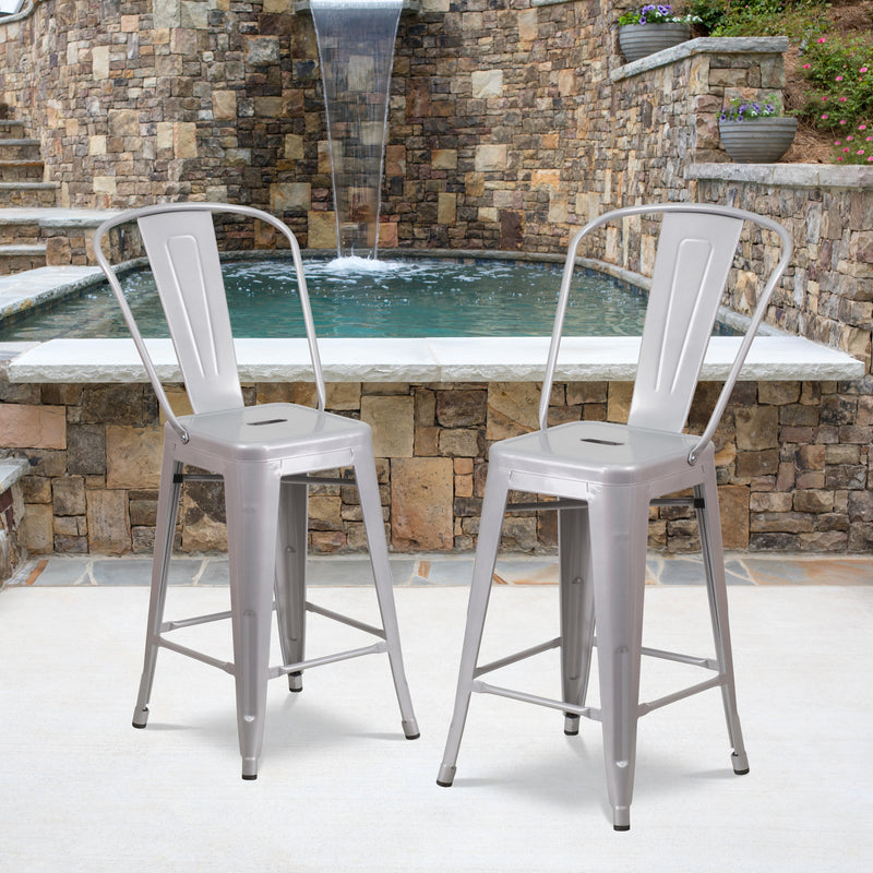 Commercial Grade 24" High Silver Metal Indoor-Outdoor Counter Height Stool with Removable Back