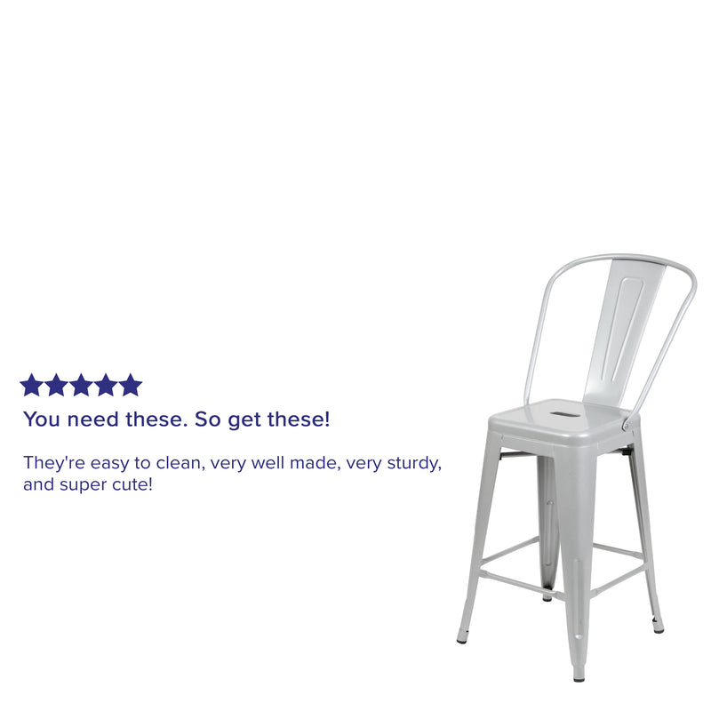 Commercial Grade 24" High Silver Metal Indoor-Outdoor Counter Height Stool with Removable Back