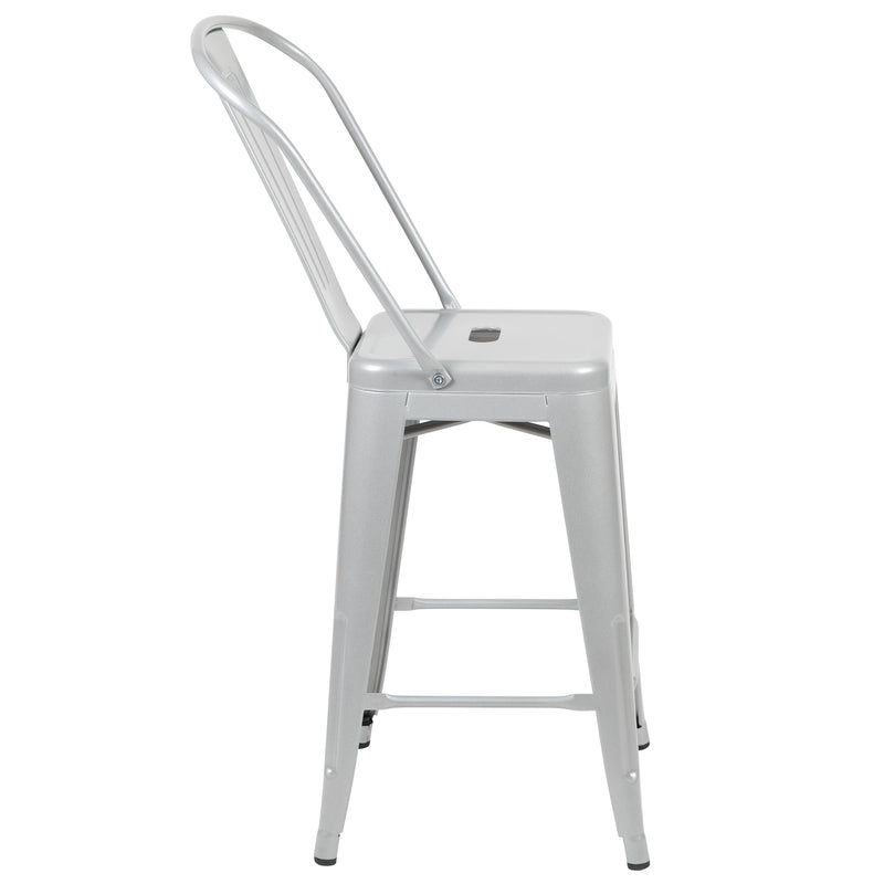 Commercial Grade 24" High Silver Metal Indoor-Outdoor Counter Height Stool with Removable Back