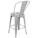 Commercial Grade 24" High Silver Metal Indoor-Outdoor Counter Height Stool with Removable Back