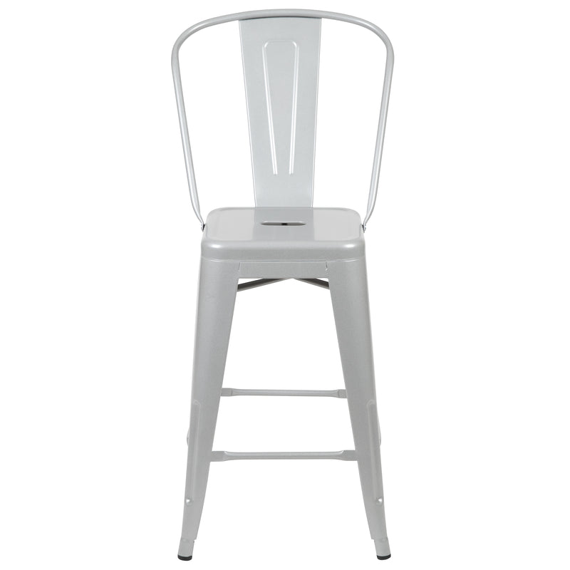 Commercial Grade 24" High Silver Metal Indoor-Outdoor Counter Height Stool with Removable Back